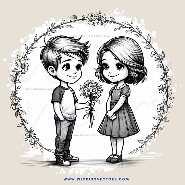 a boy and girl holding flowers within an arch