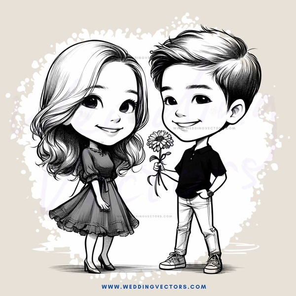 cartoon boy and girl holding flower