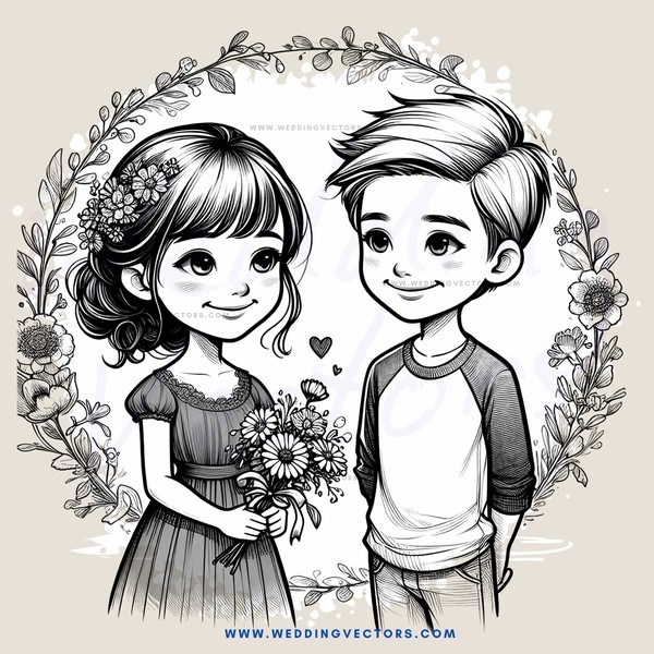 a boy and girl surrounded by flowers
