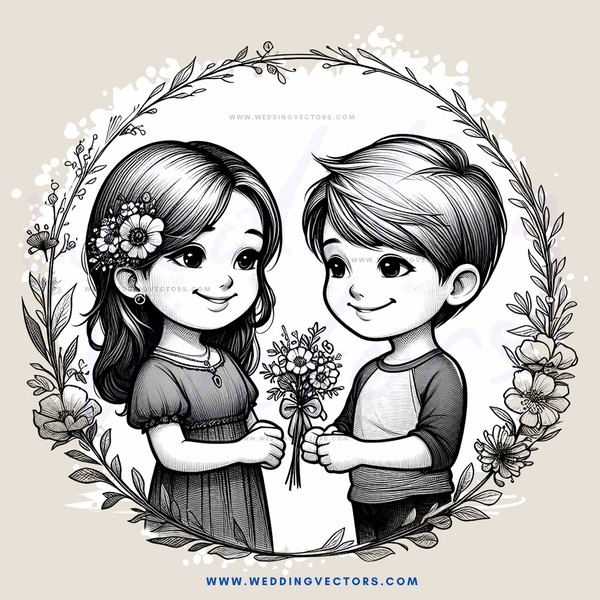 a boy and girl holding flowers