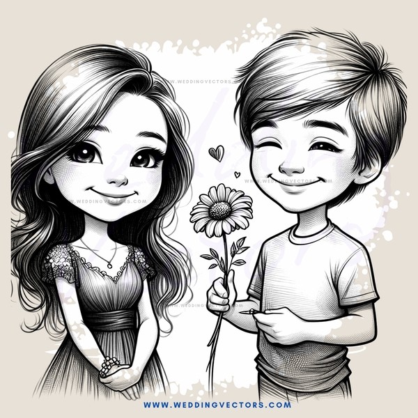 a cartoon drawing of two people holding flowers and smiling