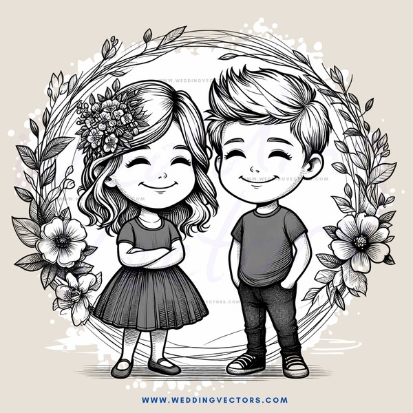 girl and boy posing in an archway with flowers on either side