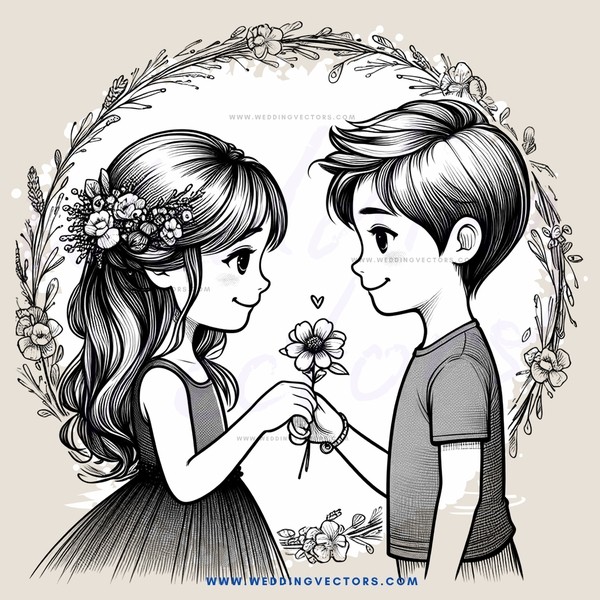 a boy and girl holding flowers