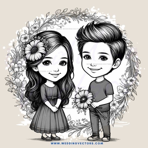 a girl and boy standing in front of flowers