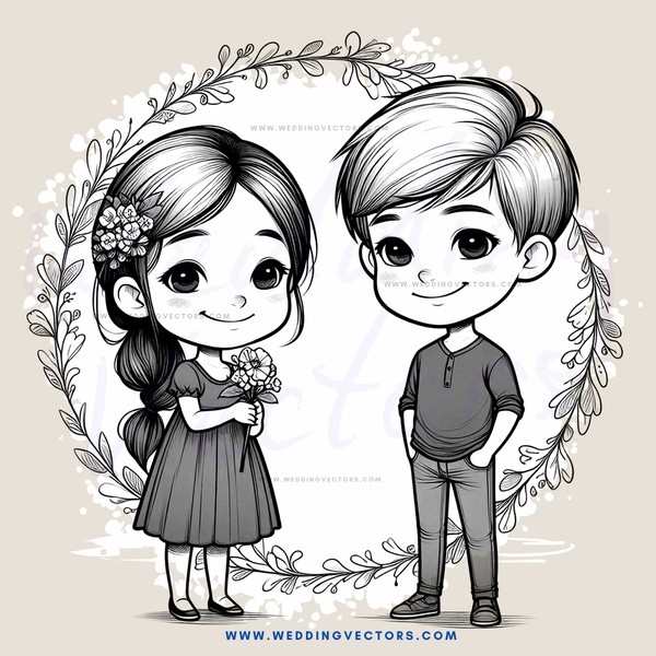 two kids with bouquet in heart shape cartoon