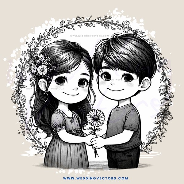 a boy and girl holding flowers