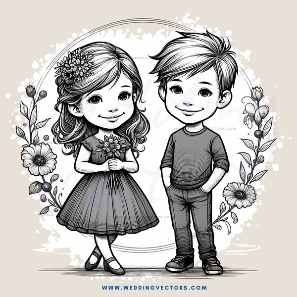 a boy and girl holding flowers