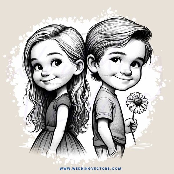 two children smiling with flowers and hearts