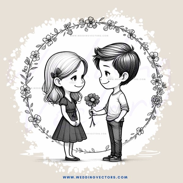 a boy and girl holding flowers