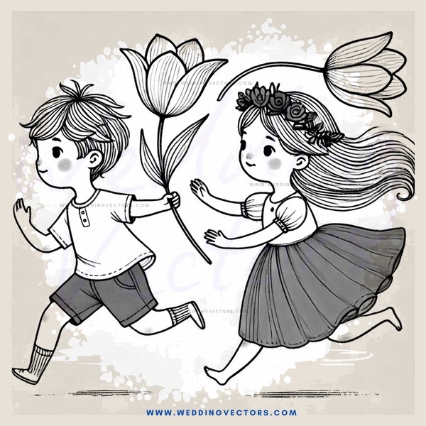 a cartoon image of two kids running with flower petals and a dress