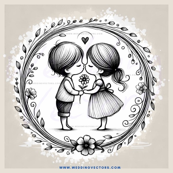 lovers kissing with flowers and butterflies