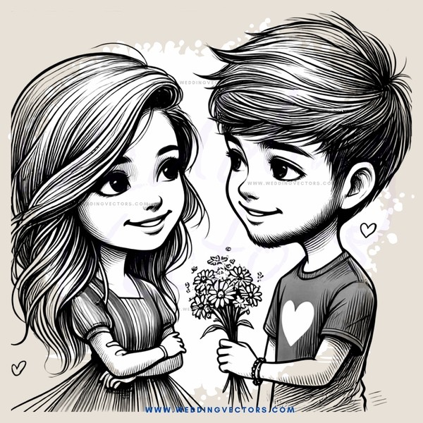 a boy and girl holding flowers and smiling