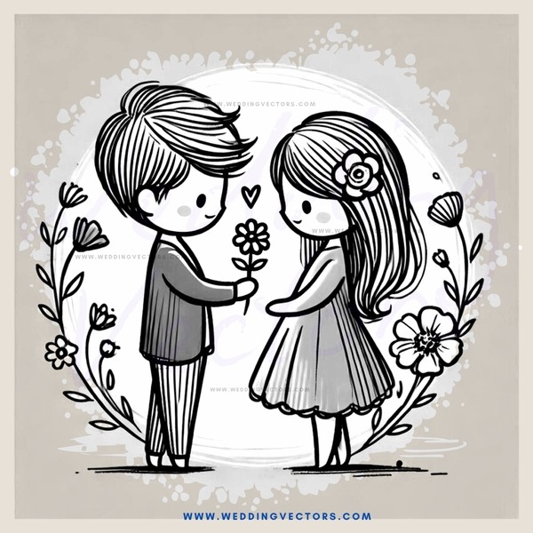 couple posing for picture with flowers and leaves as backdrop