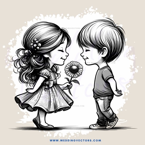 a girl and boy standing together with flowers