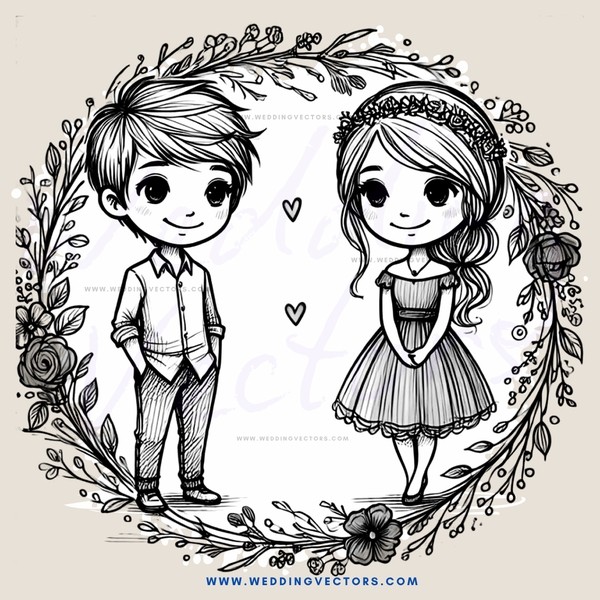 boy and girl cartoon with roses and leaves