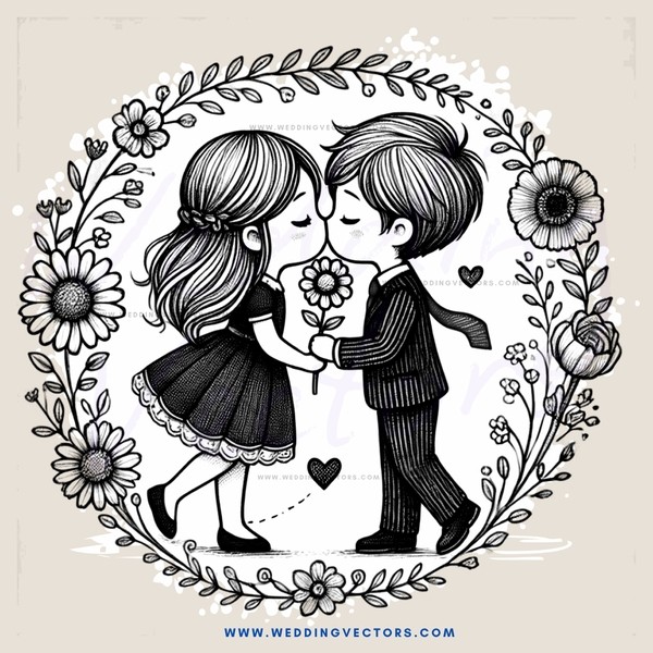 kissing couple illustrated in flowers and hearts