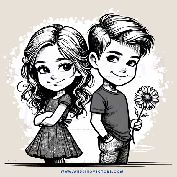 a girl and boy standing next to each other holding flowers