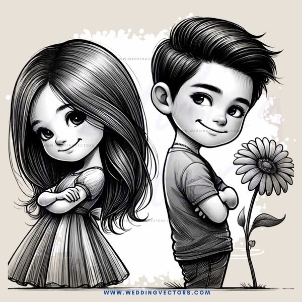 girl and boy next to flower on graphic illustration