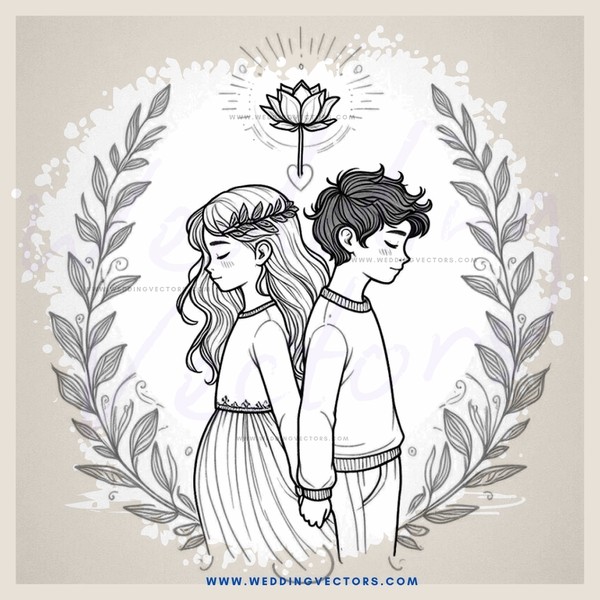 a boy and girl standing in an oval shaped decoration with a laurel wreath on either side, one facing upward while the other is looking down