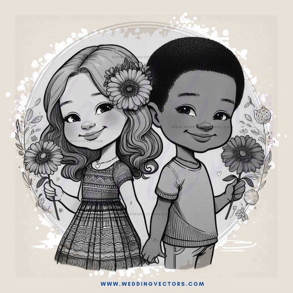the cartoon boy and girl with flowers on their heads