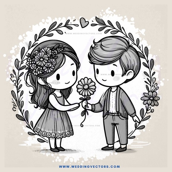 an illustrated boy and girl holding flowers