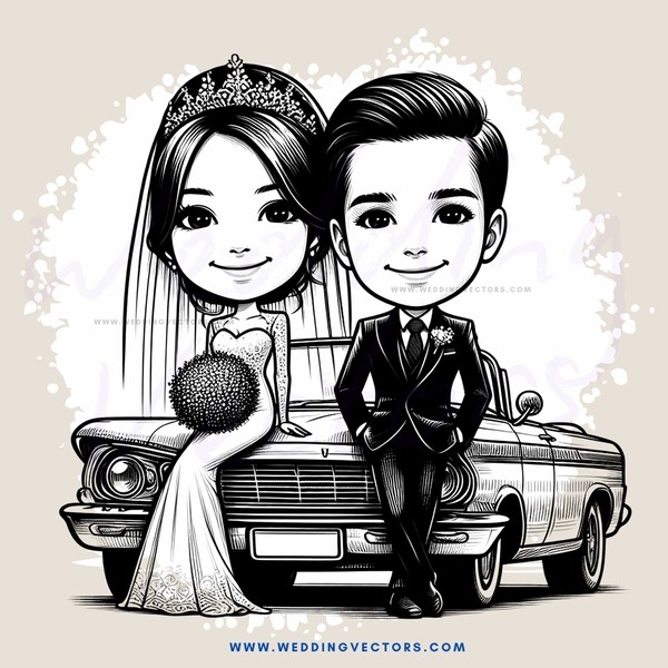bride and groom sitting in front of their car