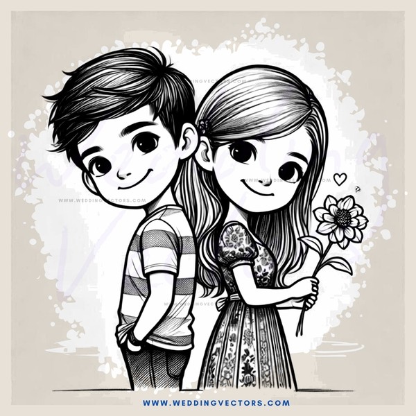 two people in cartoon style holding flower