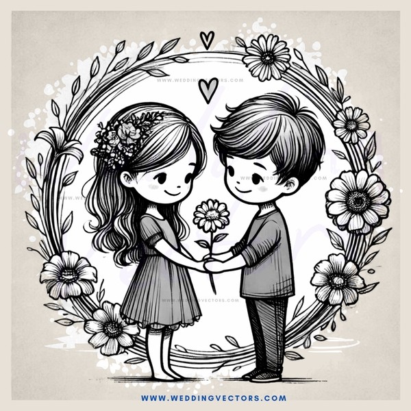 two people holding flowers in an oval frame with leaves and hearts