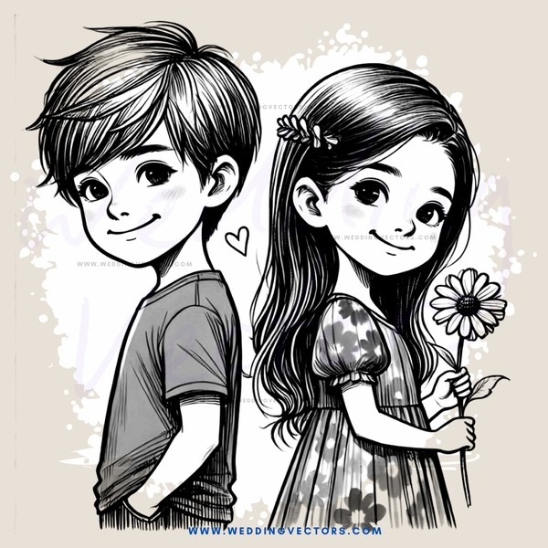 two boys smiling and two girls holding flowers