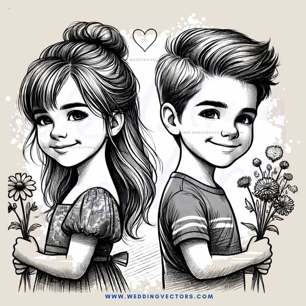 two smiling children with flowers