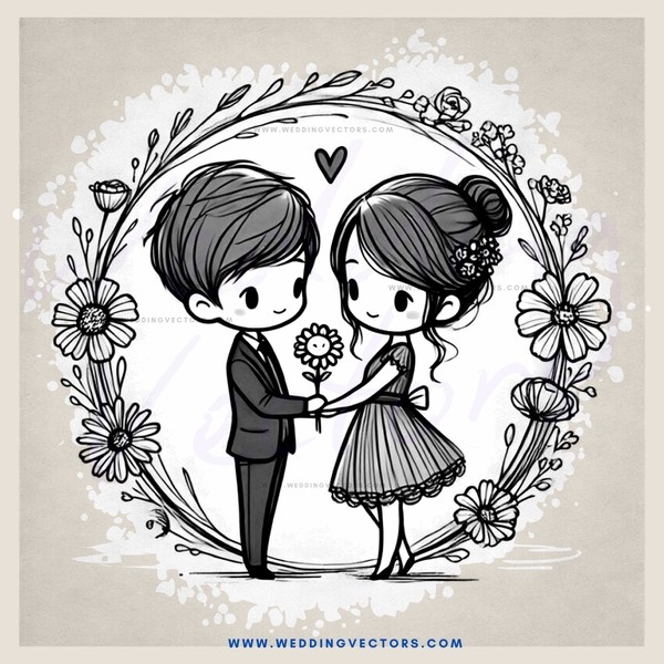 cartoon picture of a boy and girl holding flowers