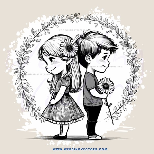 two children holding flowers in front of leaves and branches with sunflower