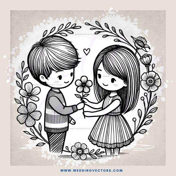 a boy and girl holding flowers, embraced by nature
