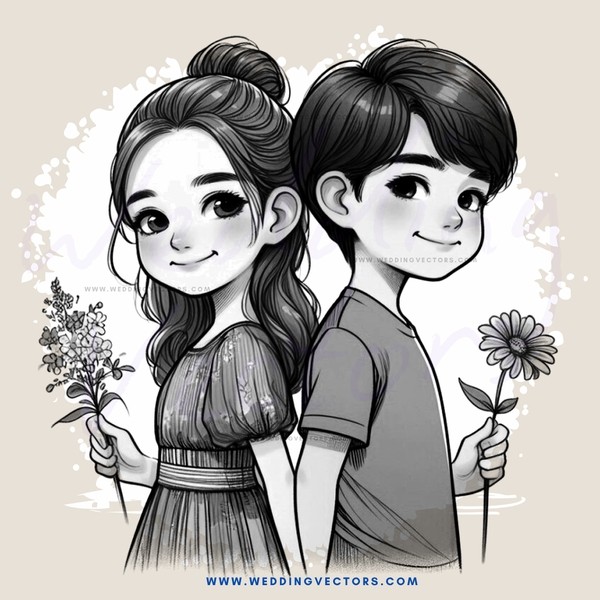 a boy and girl holding flowers, smiling