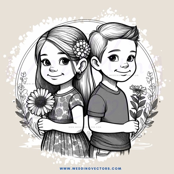 a drawing of two children holding flowers