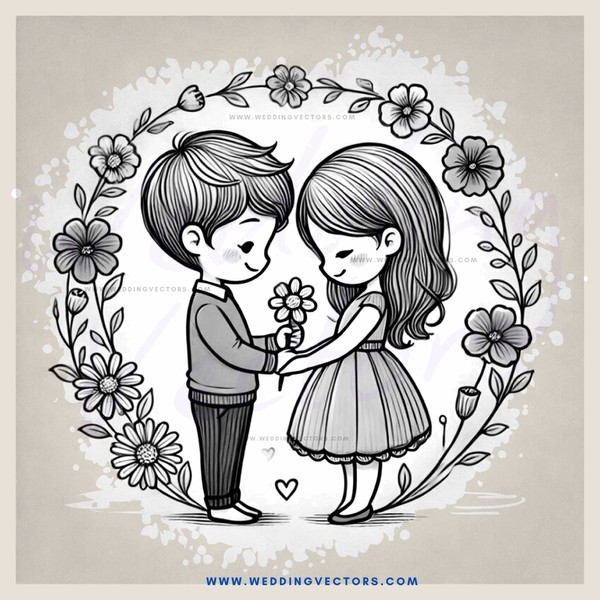 cartoon boy and girl holding flower