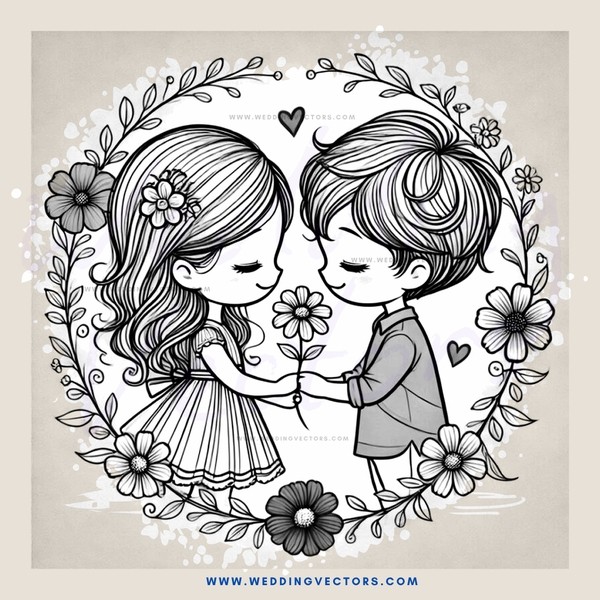 two children embracing in a circle of flowers and butterflies