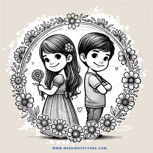 cartoon kissing couple picture with flowers and lilies flower borders