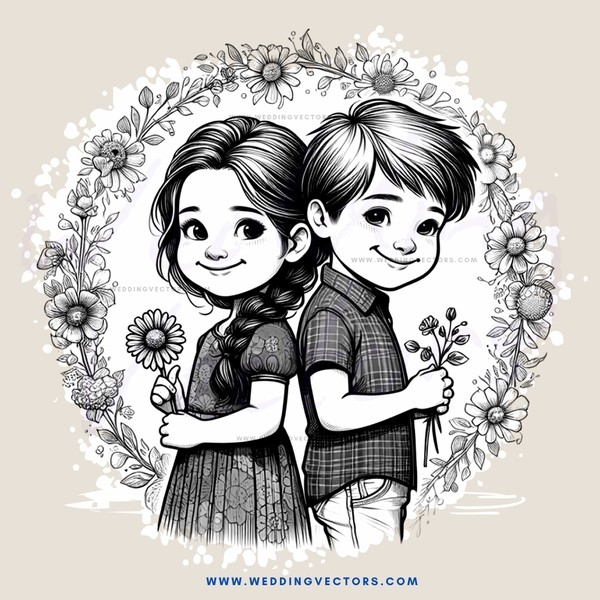 a boy and girl standing side by side with flowers