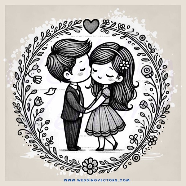 a couple in an embrace within a wreath