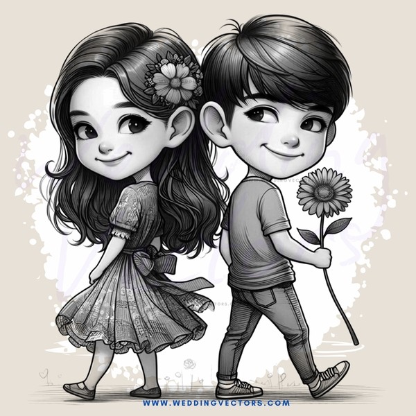 cartoon boy and girl walking together