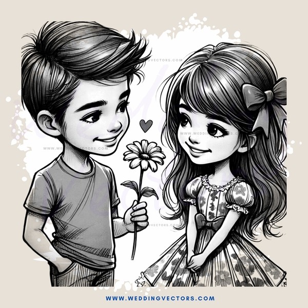 the boy and girl next to a flower