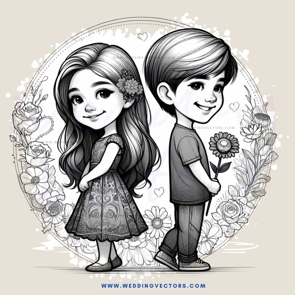 a cartoon couple posing for picture with flowers on their lapel