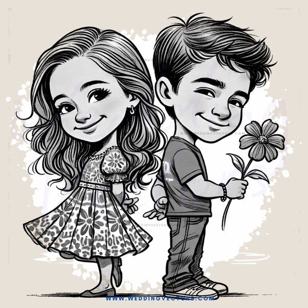 cute cartoon boy and girl holding flowers