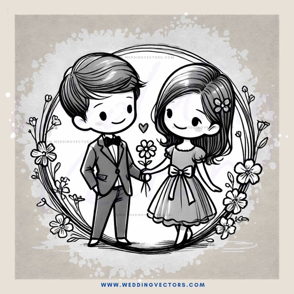 a cartoon picture of a man and woman holding flower bouquets