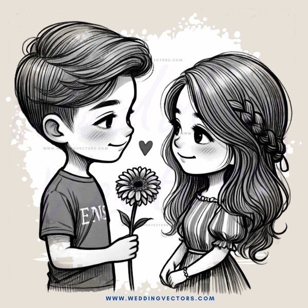 a cartoon drawing of two people next to a flower