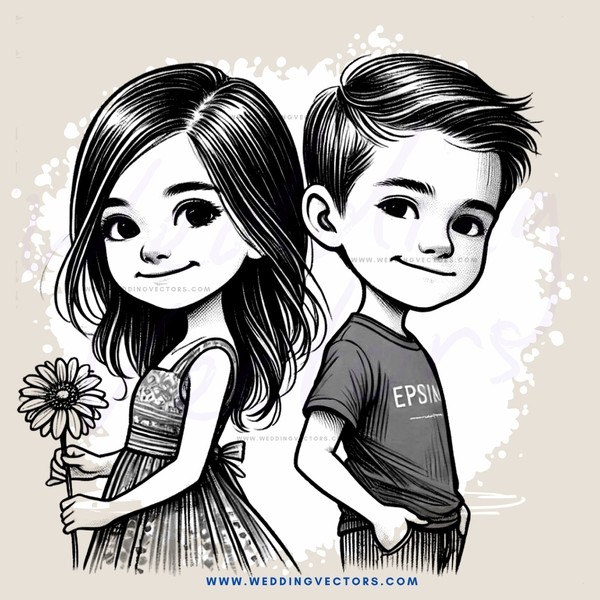 a cartoon drawing of two children - one is holding a flower