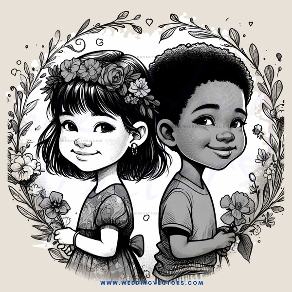 two children in black and white illustration