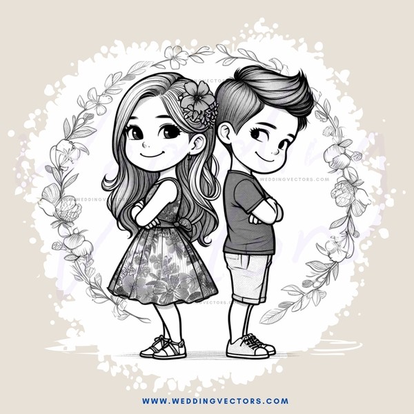 a boy and girl holding hands in front of flower designs
