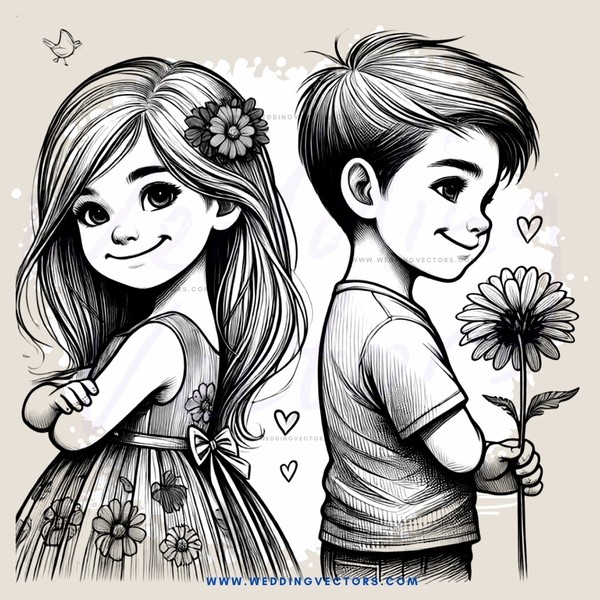 a girl and boy with flowers in their hands
